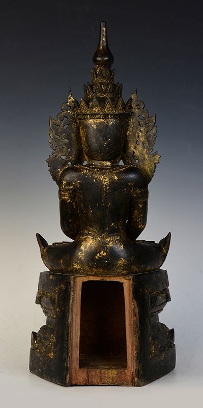 17th C., Early Shan, Very Rare Burmese Wooden Seated Crowned Buddha