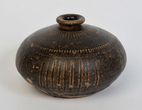 12th - 13th Century, Bayon, Khmer Dark-Brown Glazed Pottery Honey Pot