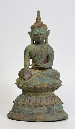 16th Century, Shan, Burmese Bronze Seated Buddha on Double Lotus Base