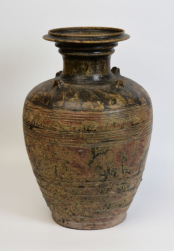 12th Century, Angkor Vat, Khmer Dark-Brown Glazed Pottery Jar