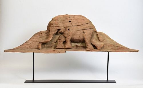 19th C., Mandalay, Burmese Wood Carving Panel with Animal Elephant