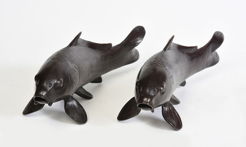 A Pair of Finely Cast Asian Bronze Fish Animal Statues