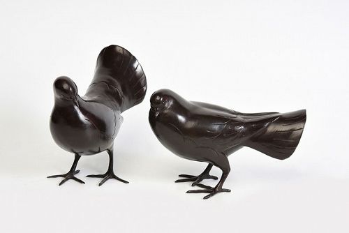 A Pair of Finely Cast Asian Bronze Bird Animal Statues