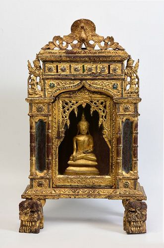 A Set of Burmese Bronze Seated Buddha and Wooden Cabinet