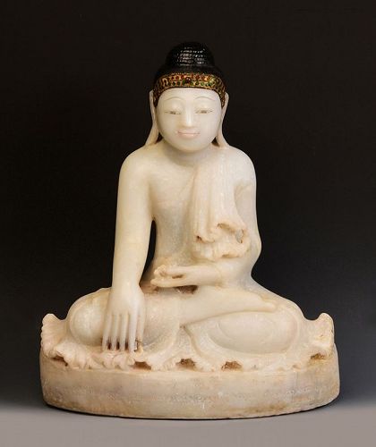 19th Century, Mandalay, Burmese Alabaster Seated Buddha