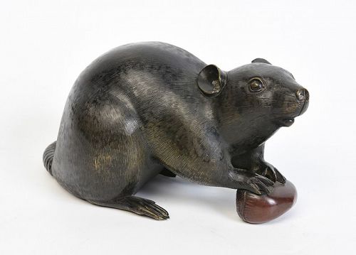19th Century, Meiji, Japanese Bronze Mouse Holding A Chestnut
