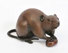 19th Century, Meiji, Japanese Bronze Mouse Holding A Chestnut