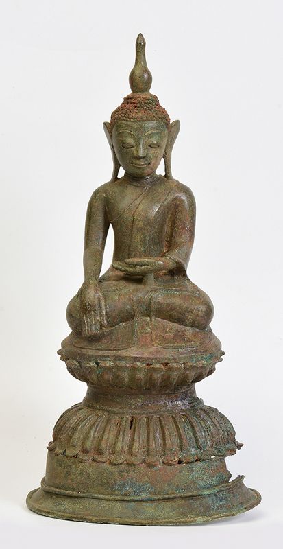 16th Century, Ava, Burmese Bronze Seated Buddha on Double Lotus Base