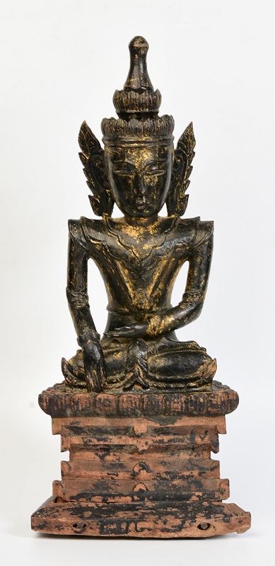 18th Century, Shan, Burmese Wooden Seated Crowned Buddha