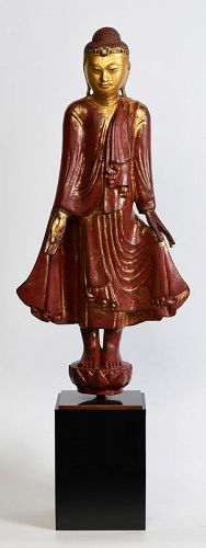19th Century, Mandalay, Burmese Wooden Standing Buddha