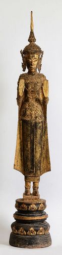 19th Century, Rattanakosin, Thai Wooden Standing Crowned Buddha