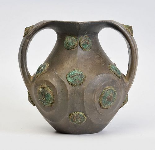 Han Dynasty, Rare Chinese Pottery Amphora with Bronze Ornament