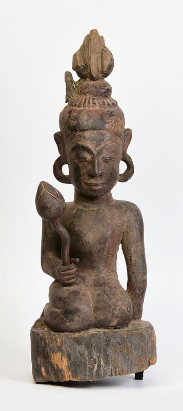 18th Century, Burmese Wooden Seated Figure of Lady Holding Lotus