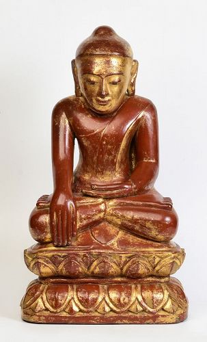 16th C., Ava, Rare Burmese Wooden Seated Buddha on Double Lotus Base