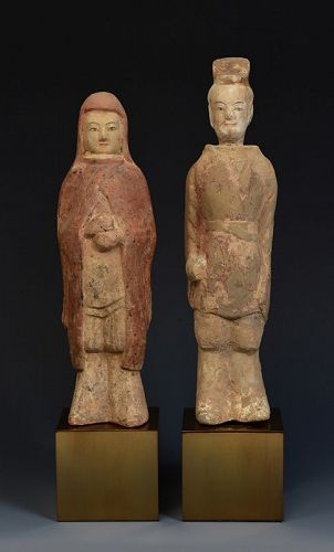 Northern Qi Dynasty, A Pair of Chinese Painted Pottery Warriors