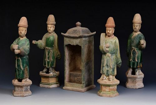 A Set of Ming Chinese Green Glazed Pottery Attendants and Palanquin