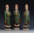 Ming Dynasty, A Set of Chinese Green Glazed Pottery Standing Court Man