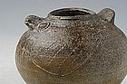 12th-13th C., Bayon, Khmer Brown Glazed Pottery Lime Pot in Owl Shape