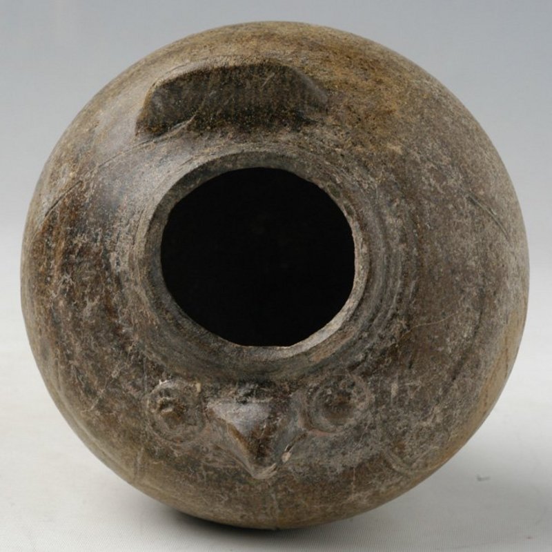 12th-13th C., Bayon, Khmer Brown Glazed Pottery Lime Pot in Owl Shape