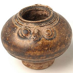 12th-13th C., Bayon, Khmer Brown Glazed Pottery Lime Pot in Owl Shape