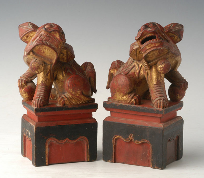 Qing Dynasty, A Pair of Chinese Wooden Lions