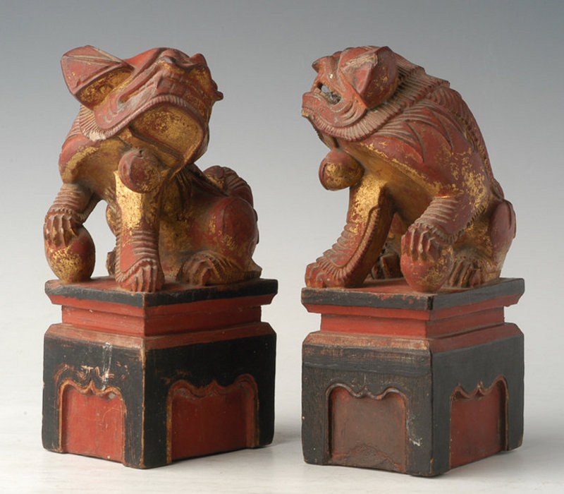 Qing Dynasty, A Pair of Chinese Wooden Lions