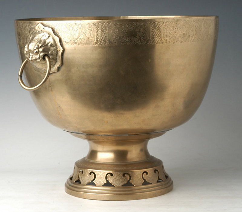 Large 19th Century Chinese Brass Stem Ritual Bowl