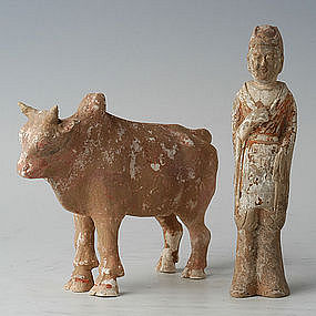 Northern Wei Dynasty, Chinese Painted Pottery Man & Ox