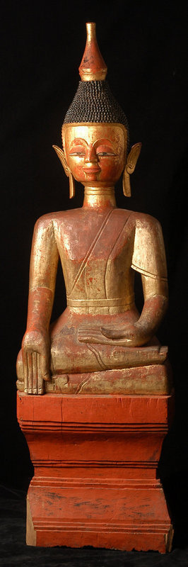 17th Century, RARE & Large Tai Lue Burmese Wooden Seated Buddha