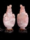 Chinese Pink Quartz Urns with Covers