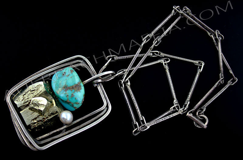 Rebajes Modernist Sterling Turquoise Pyrite Necklace