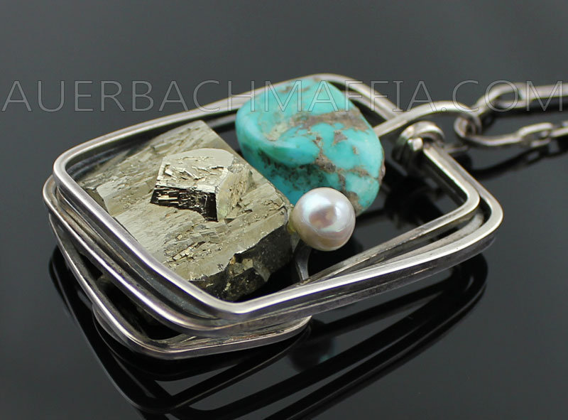 Rebajes Modernist Sterling Turquoise Pyrite Necklace