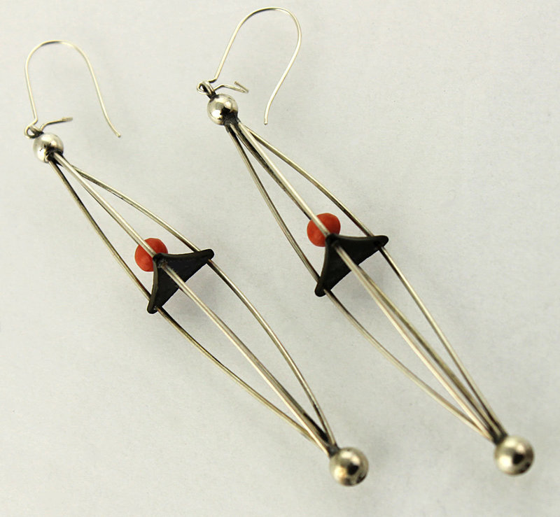 Ed Levin Modernist Sterling and Caged Coral Earrings