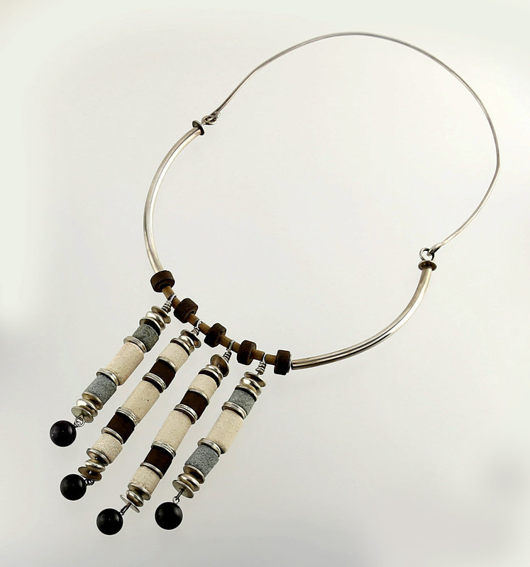 Modernist Hand Crafted Silver and Ceramic Necklace - 1970