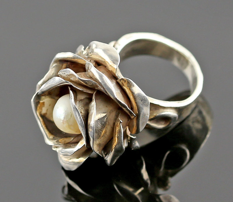 Rachel Gera Modernist Sterling Rose Floral Ring with Pearl Israel