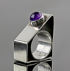 Modernist Sterling and Amethyst Architectural Ring - 1970's