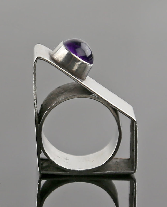 Modernist Sterling and Amethyst Architectural Ring - 1970's