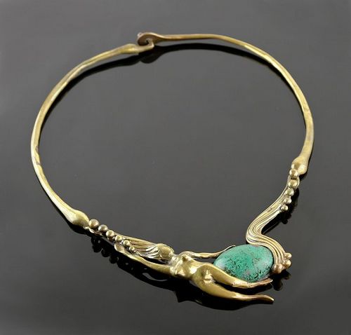 Stephen Burr Modernist Cast Brass and Turquoise Necklace 1970