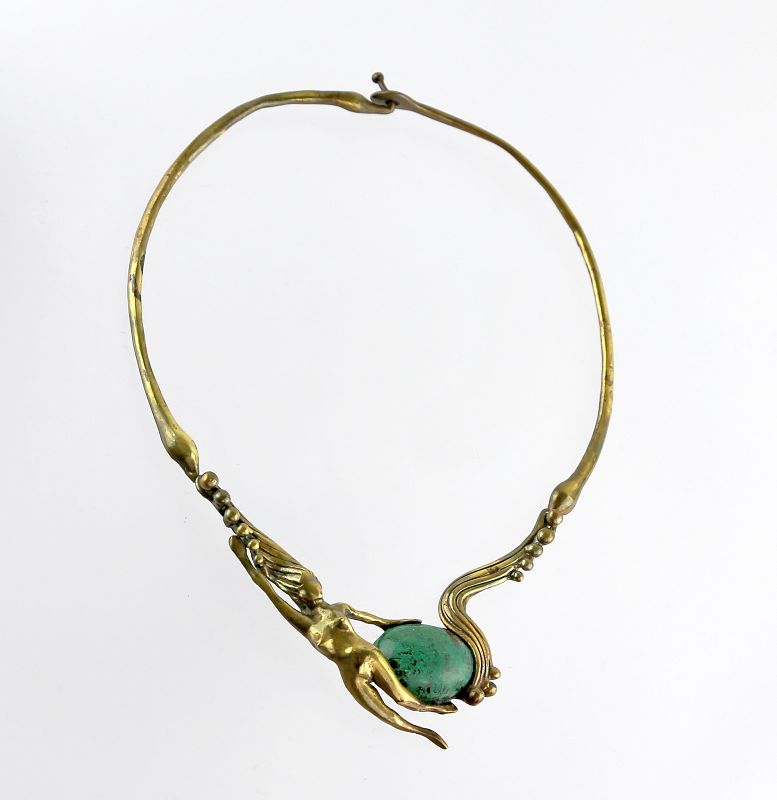 Stephen Burr Modernist Cast Brass and Turquoise Necklace 1970