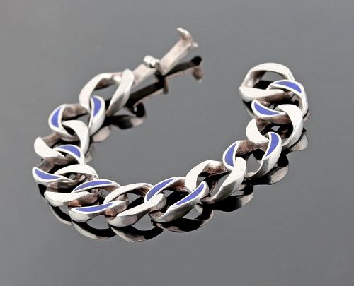 Modernist Sterling Curb Chain and Enamel Bracelet - Italy