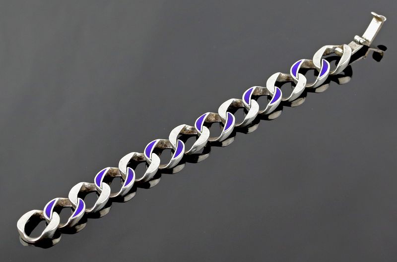 Modernist Sterling Curb Chain and Enamel Bracelet - Italy