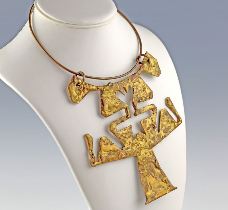 Monumental Brutalist Brass Hand Crafted Necklace Modernist Era