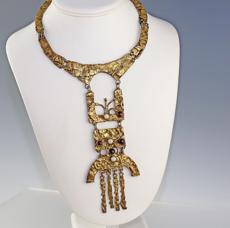 Rachel Gera Brutalist Brass and Garnet Necklace Israel 1970 Modernist