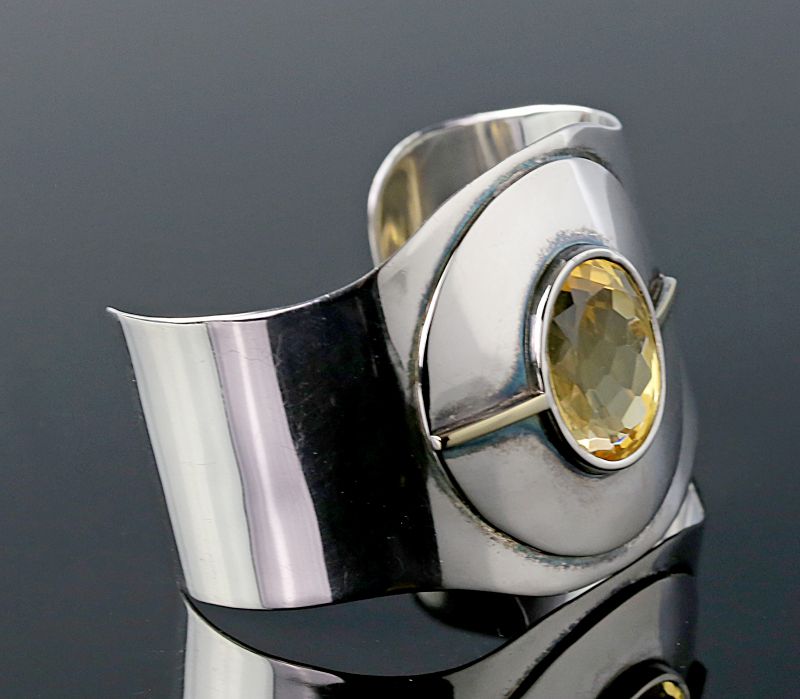 Modernist Sterling Silver, 14K Gold and Citrine Cuff Bracelet
