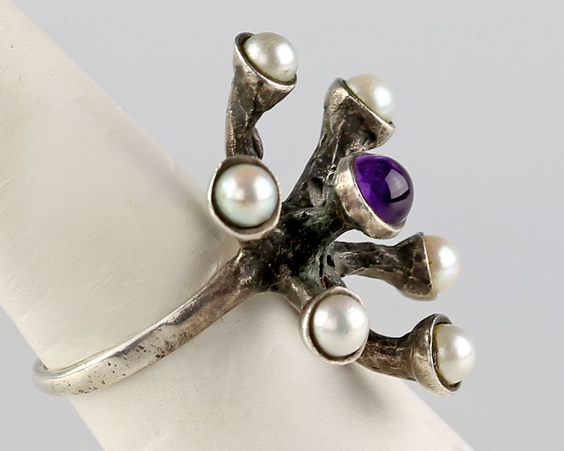 Modernist Sterling, Amethyst and Pearl Brutalist Ring