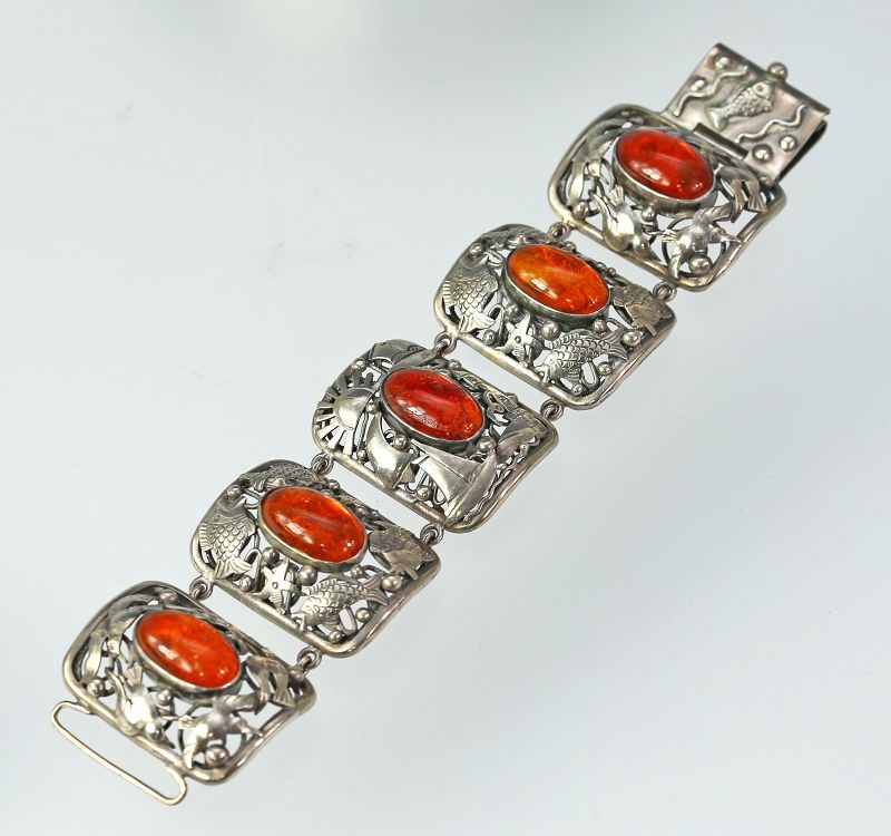 George Kramer Early Modernist Deco Silver and Amber Bracelet Germany