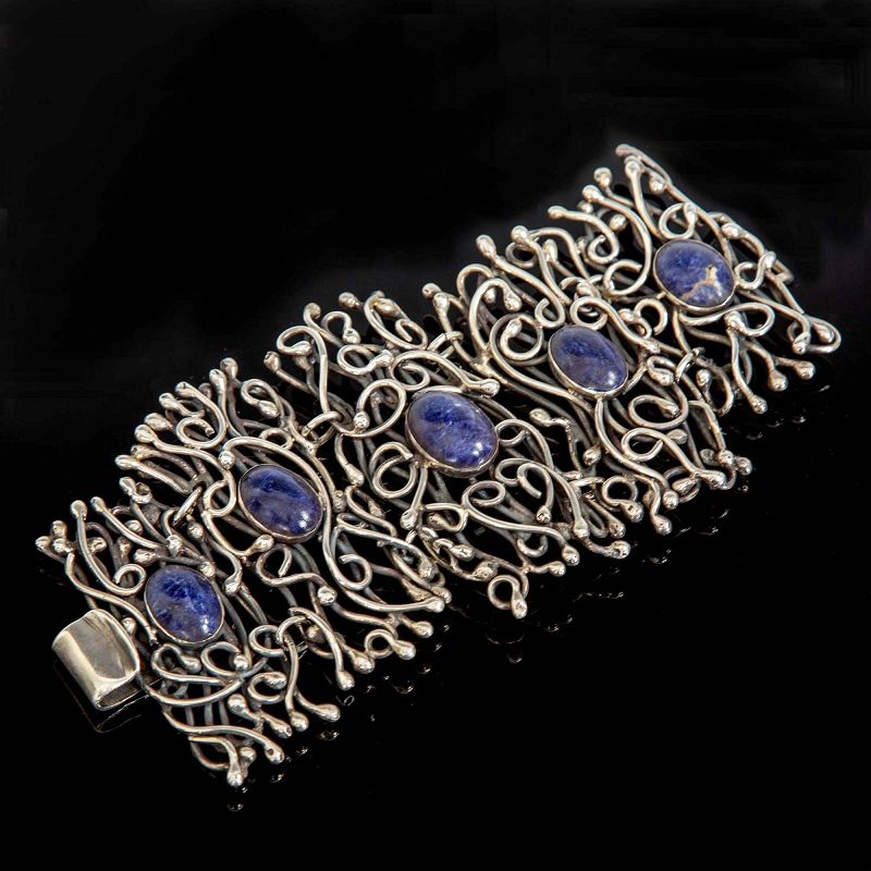 Rachel Gera Modernist Sterling and Lapis Bracelet Israel