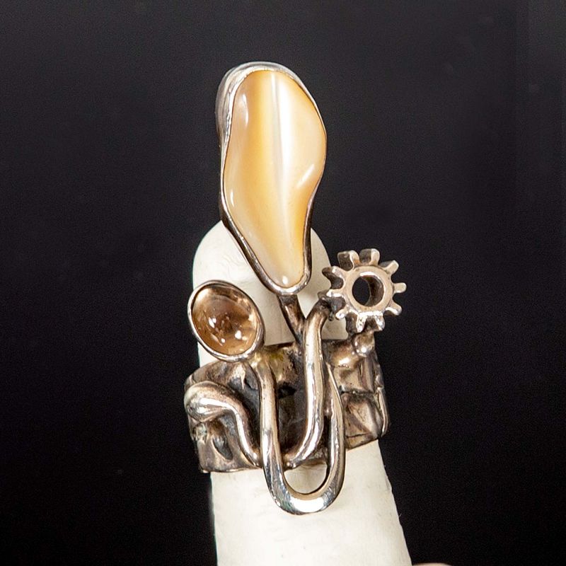 Rachel Gera Modernist Sterling, Stone and Shell Ring Israel