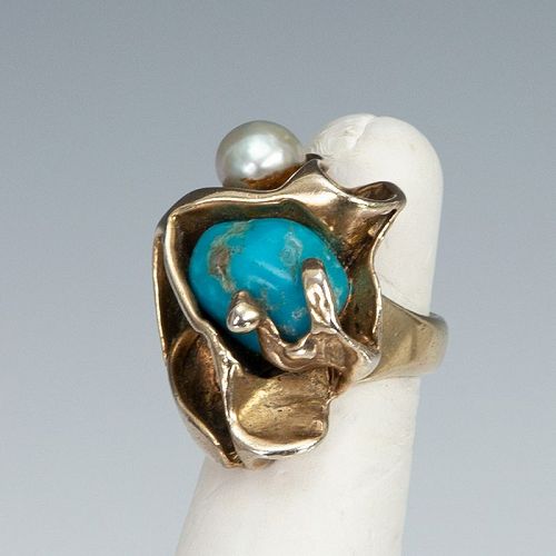 Rebajes Modernist Sterling Turquoise and Pearl Ring 1950