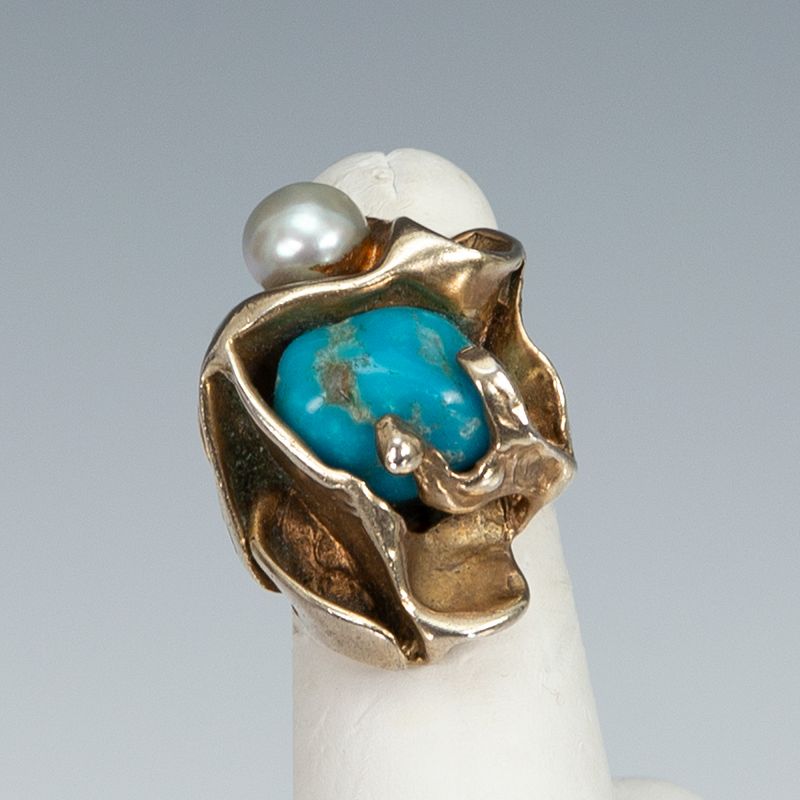 Rebajes Modernist Sterling Turquoise and Pearl Ring 1950